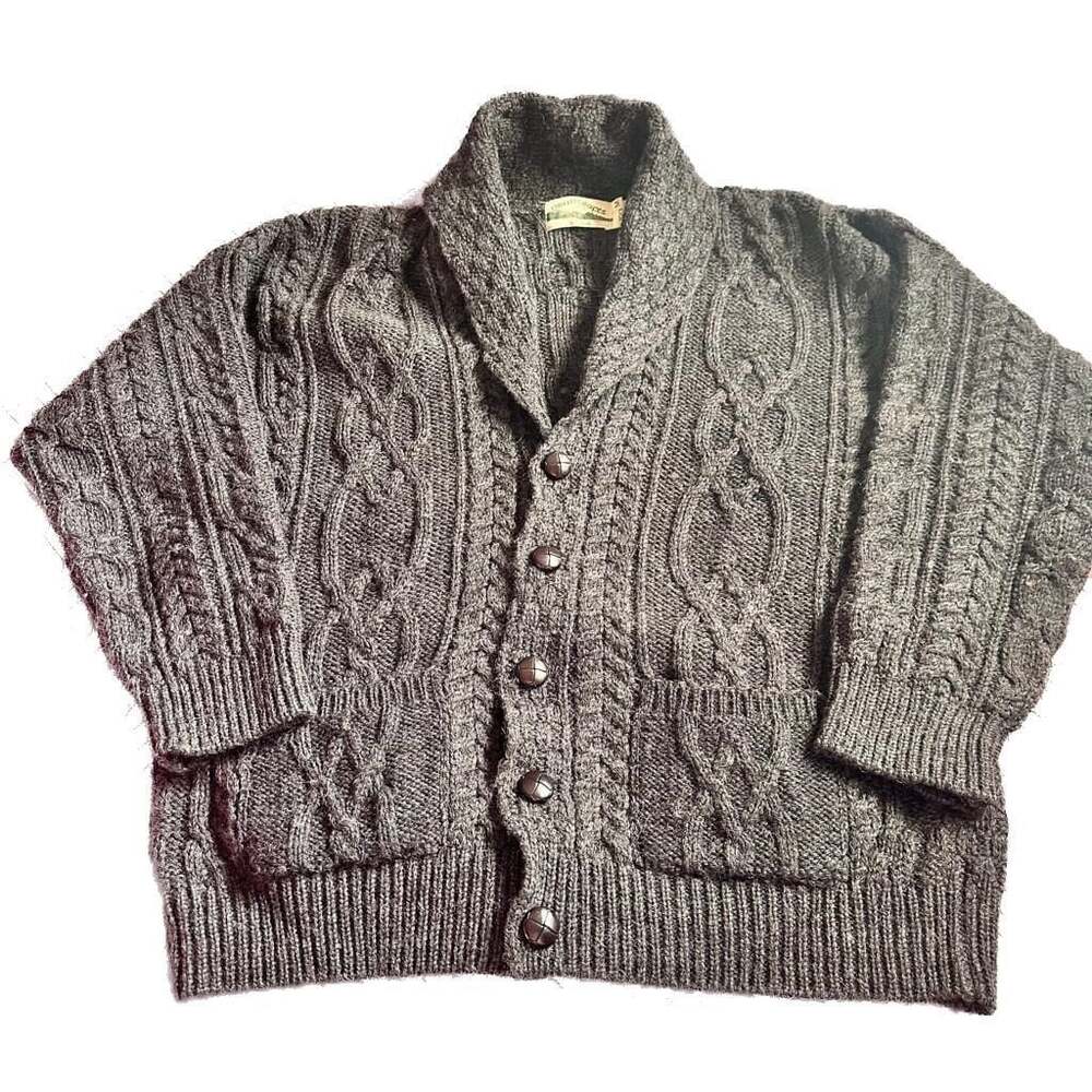 Aran Crafts Gray Cable Knit Cardigan Sweater with Shawl Collar